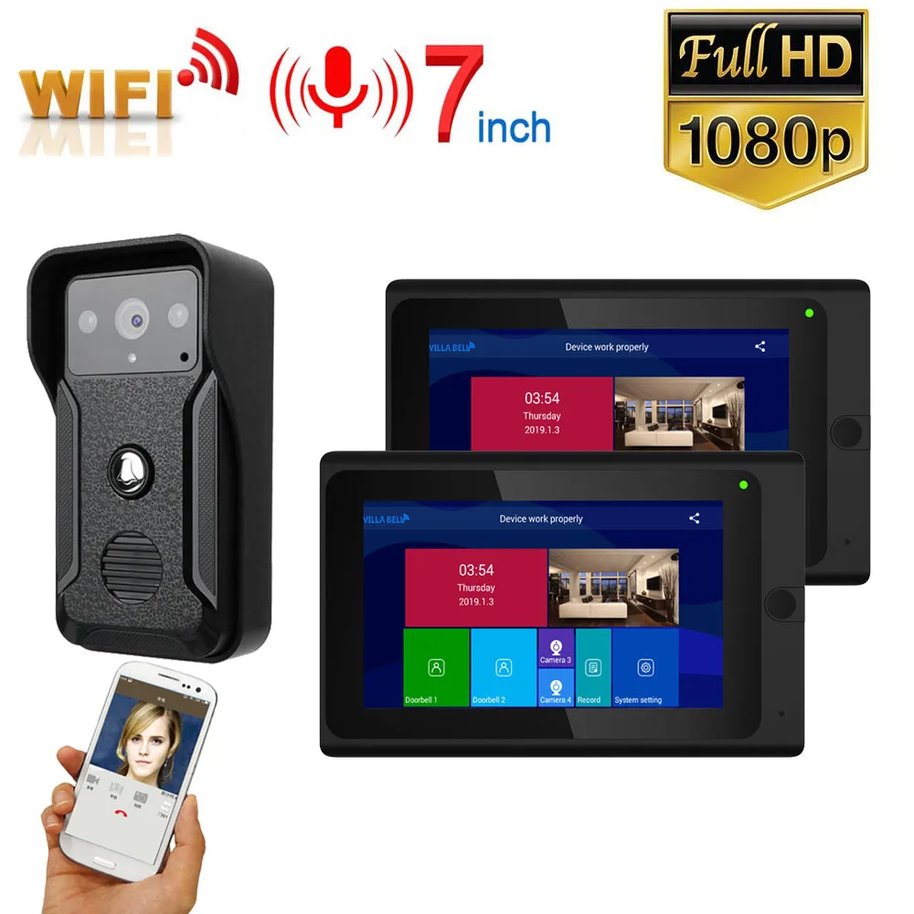 Беспроводной видеодомофон 7 дюймов 2 монитора Wi Fi домофон проводная HD 1080P камера