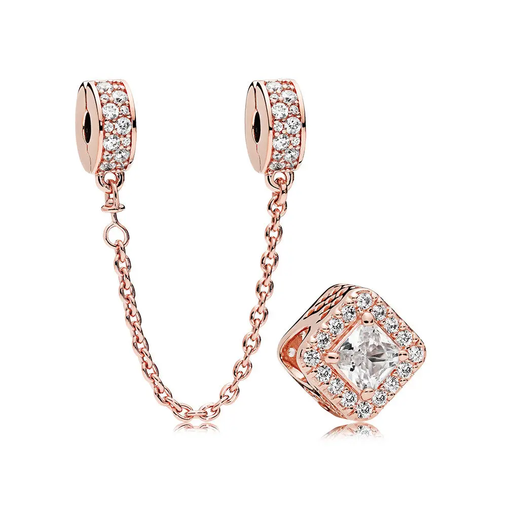 

2018 NEW 100% 925 Sterling Silver Rose Gold Geometric Radiance Charm Pack Bead Safety Chain Fit Original Bracelets Jewelry Gift