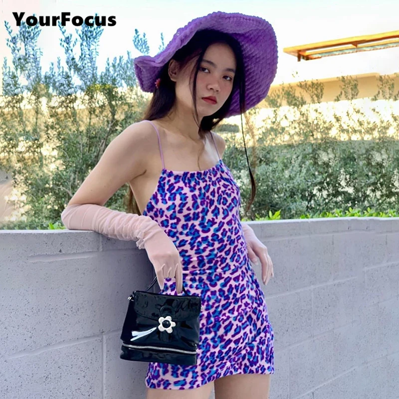 Женское винтажное платье мини ete фиолетовое леопардовое тонкое на бретелях в