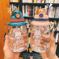800ml diy cartoon big belly straw cup portable strap student cup simple plastic cup straw water bottle free sticker drinkware