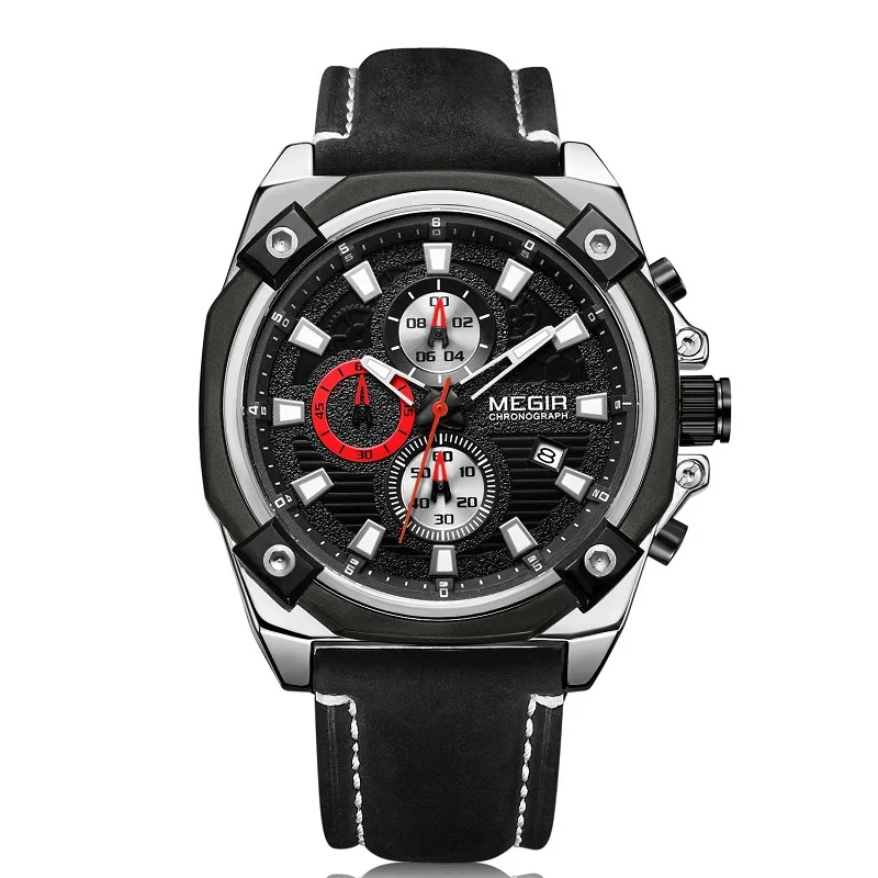 MEGIR мужские спортивные часы бренд хронограф армейские военные кварцевые кожаные