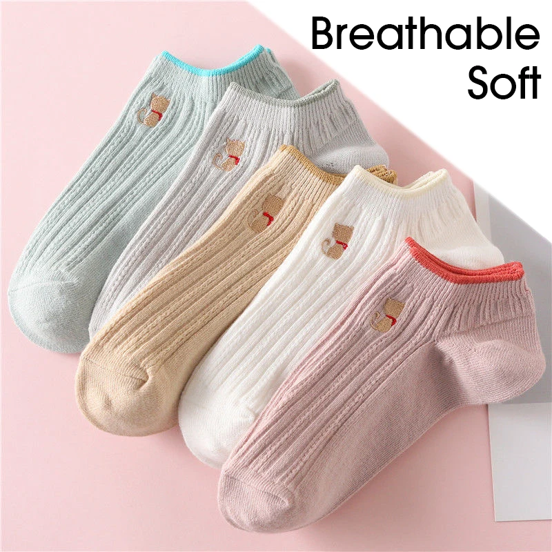 

5 Pairs women Cotton Socks Summer Breathable Short Sock Casual Solid Color Ankle Sock Girls Thin Non-slip No Show Invisible Sock
