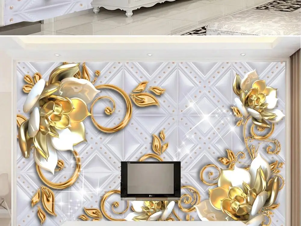 

New Custom 3D Large Mural Wallpaper Luxury noble European gold carve jewelry flower children's room TV Background living Bedroom