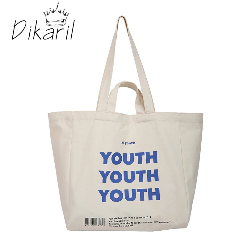 

Women Canvas Shopping Bag YOUTH Letters Print Female Cotton Cloth Shoulder Bag Eco Handbag Tote Reusable Grocery Shopper Bags