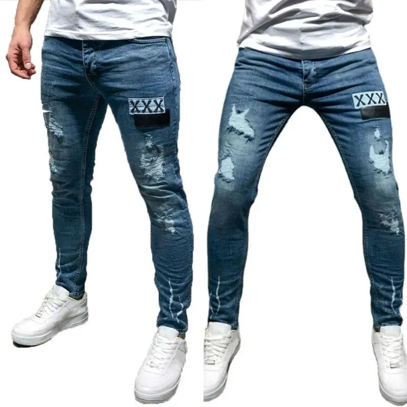 

Jeans Elastic Waist Skinny Jeans Men 2021 Stretch Ripped Pants Casual Slim Fit Long Pants Mens Denim Jeans Blue