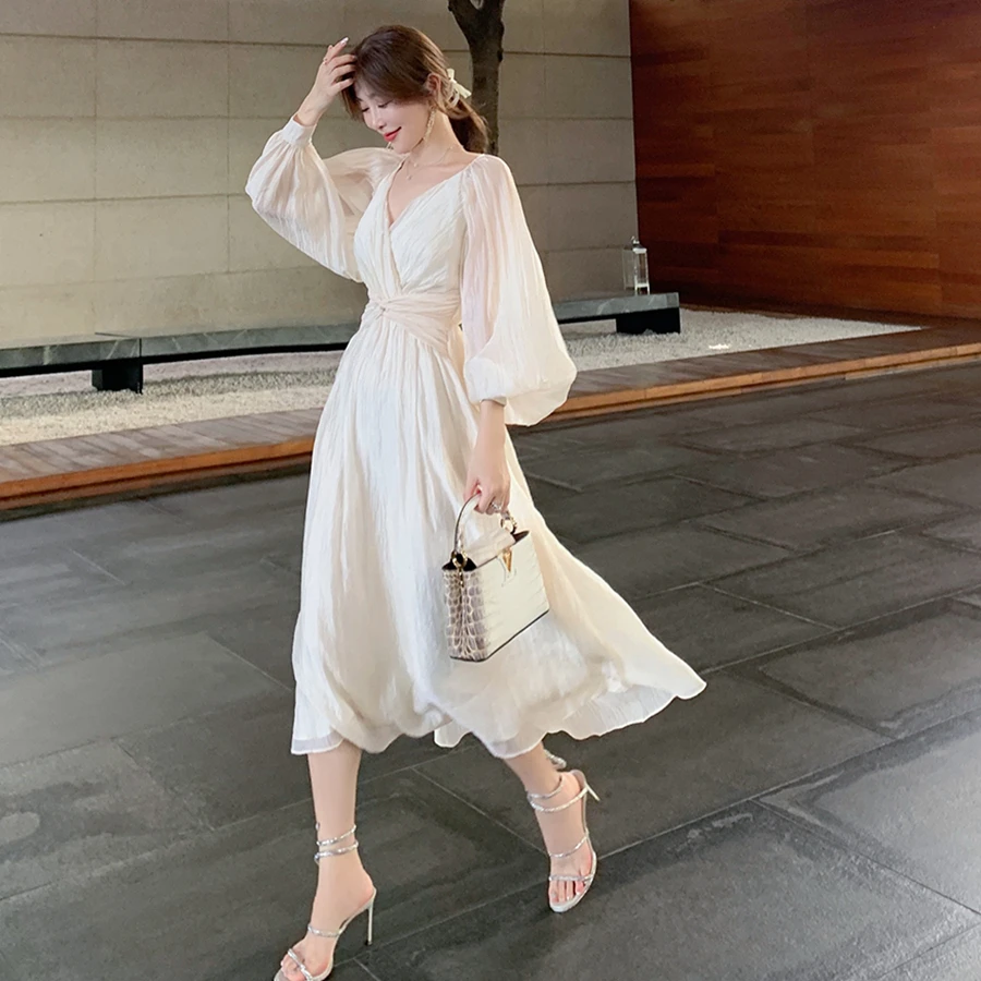 

Женские шелковые плиссированные платья SuperAen, белые платья до щиколотки с пышными рукавами и v-образным вырезом