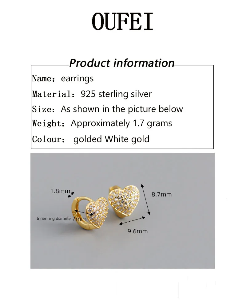

OUFEI 925 Sterling Silver Earrings For Women Rhinestones Heart Hoop Earrings Exquisite Charm Earrings Jewelry Accessories