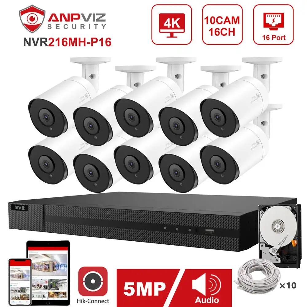 

Hikvision OEM 16CH 4K NVR Anpviz 10pcs 5MP POE IP Camera System Indoor/Outdoor IP Camera Security Surveillance Kit IP66 30m P2P