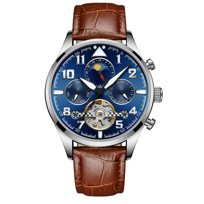 Многофункциональные часы tourbillon для мужчин люксовый бренд Moon фазный Автоматический Механические часы полый маховик мужские часы новые - Цвет: Leather strap 03