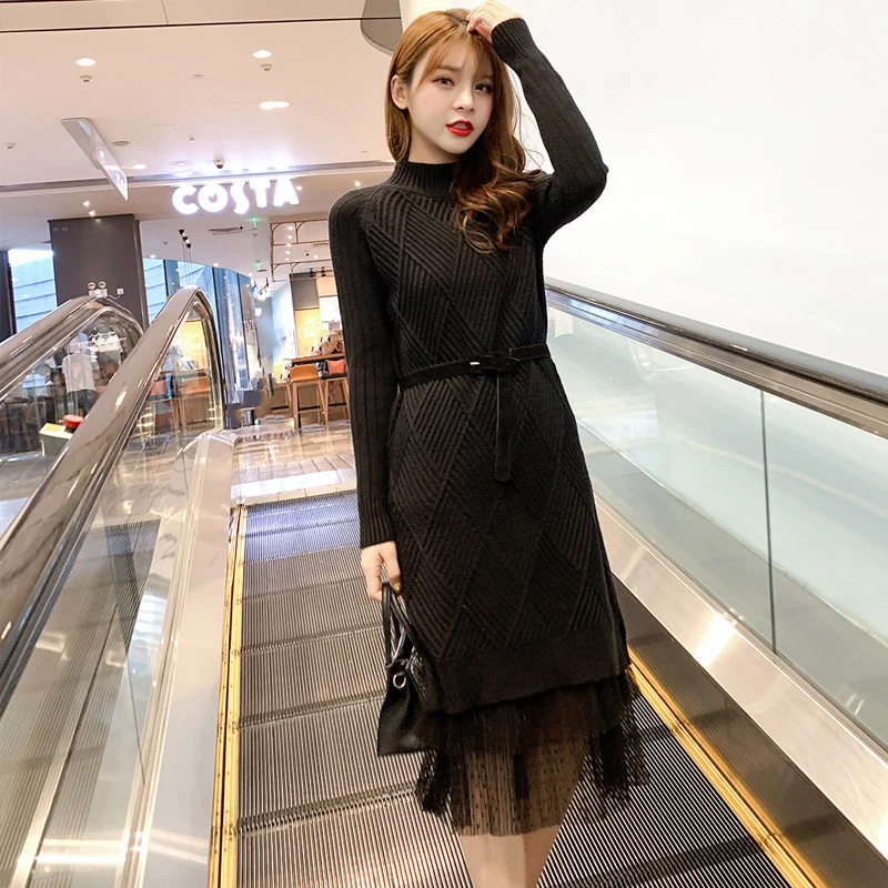 2019 женское элегантное осенне-зимнее платье-свитер однотонное платье с длинными