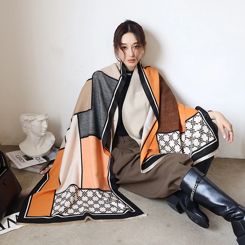 Imitation Cashmere Women Vintage Plaid Print Double sided Scarf Winter Warm Shawl Elegant Knit Tassel Female Thick Long Wrap |
