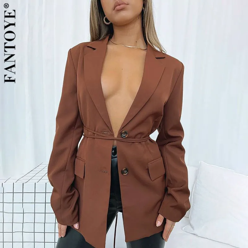 

Fantoye Autumn Notched Collar Hollow Out Button Women Blazers Brown Long Sleeve Lace Up Blazers Women Winter Fashion Skinny Tops