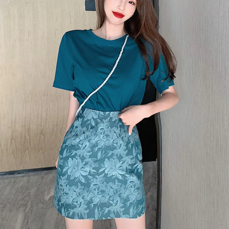 

Summer Fashion Two Piece Set Women Clothes Solid T Shirt Crop Tops Bodycon High Waist Short Skirt 2 Piece Set Outfits For Women