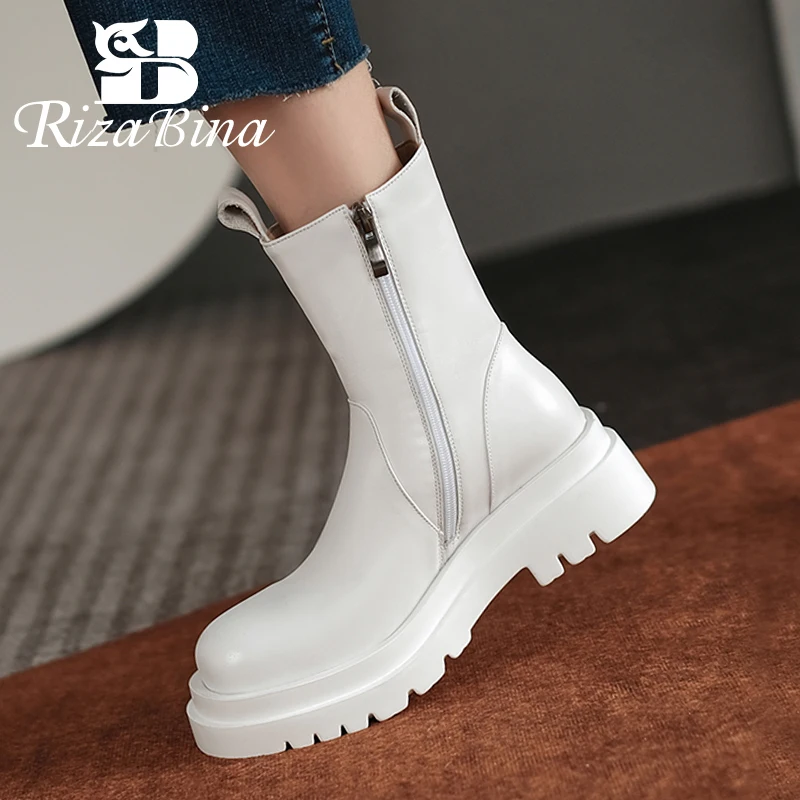 

RIZABINA 2022 Real Leather Women Ankle Boots Platform Shoes For Woman's Winter Short Boots Office Lady Footwear Size 34-39