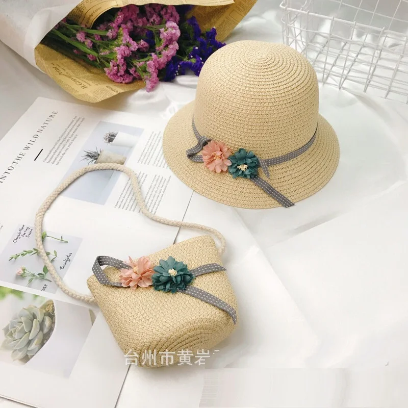 

Cute Girls Straw hat Sun Hat +Should bag Handbag 2pcs sets For Tour Summer Kid Princess Floral Beach Hats For Party Outdoor