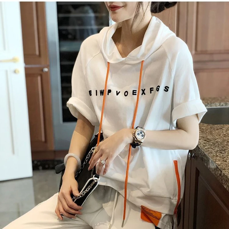 

Summer Fashion Women Short Sleeve Loose T-shirt All-matched Casual Hooded Tee Shirt Femme Letter Print Tops 100% Cotton S823