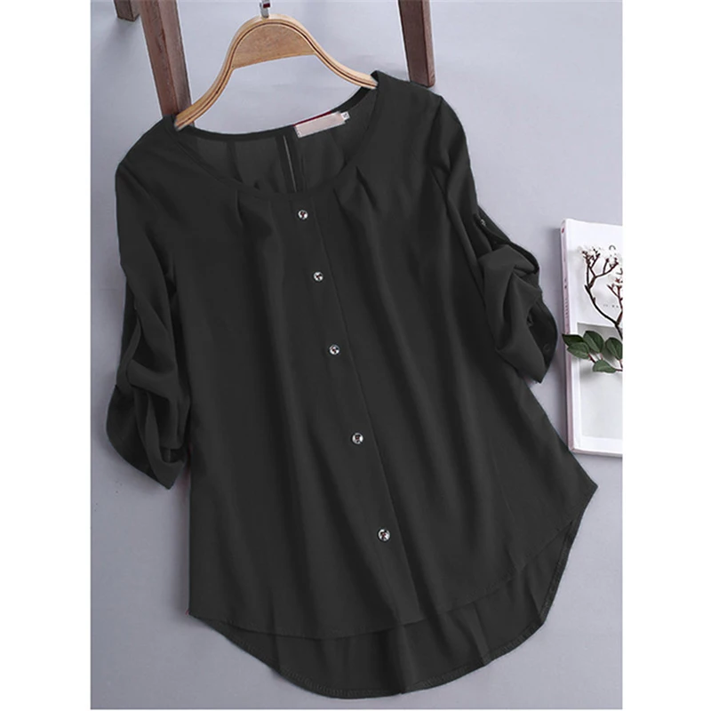 

Womens Blouses O-Neck Pleated Solid Button Long Sleeve Casual Tops Blouse Dames Blouses Lange Mouwen Blusas Ladies Tops