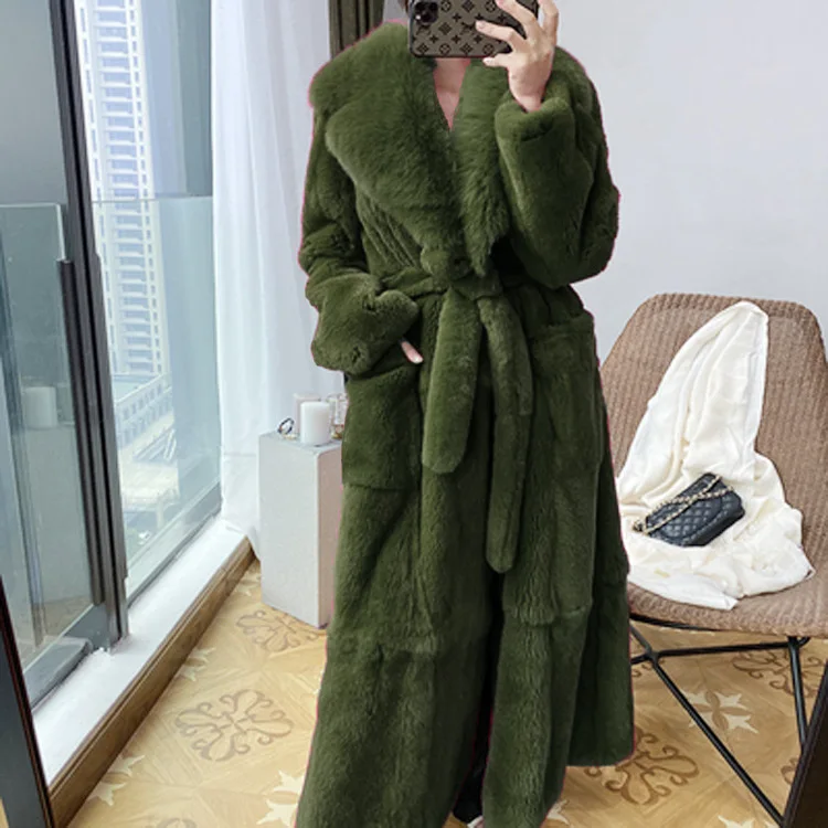 2021 New Women Long Faux Fur Coat Faux Rabbit Fur Jacket Thick Warm Fluffy Coat Belt