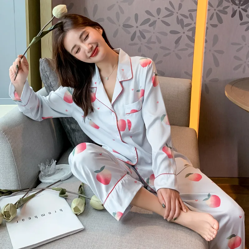 

Womens 2 Piece Long Sleeve Pajama Set Ice Silk Sleepwear Sets Women Spring Autumn Silk Print Girl Peach Home Cloths Longpants