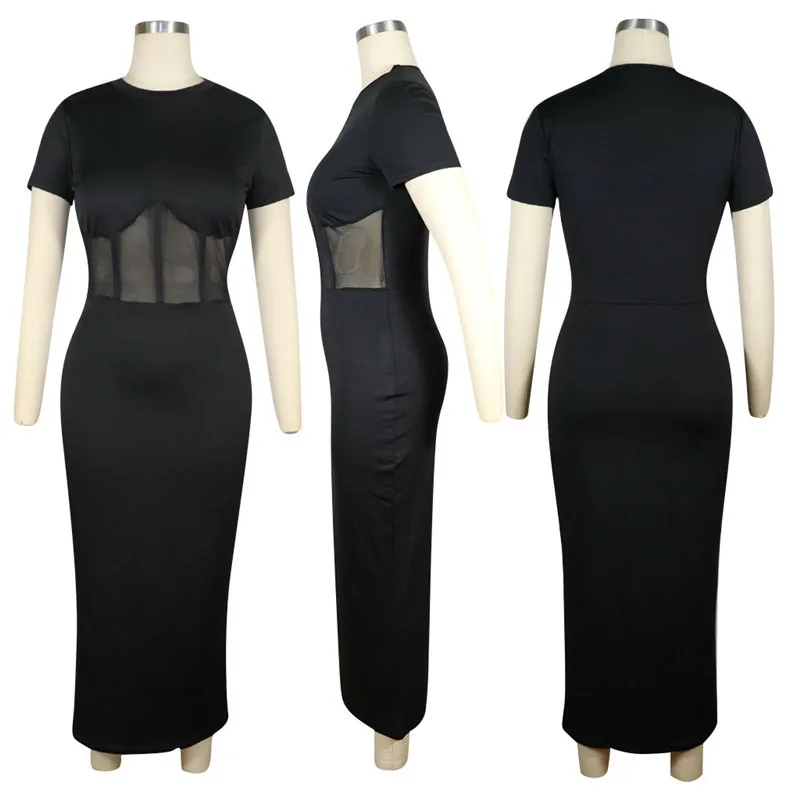

WJFZQM Summer Bodycon Maxi Dress Sexy Club Autumn Ladies Dresses Round Collar Short Sleeve Wrap Vestidos Long Summer mesh Dress