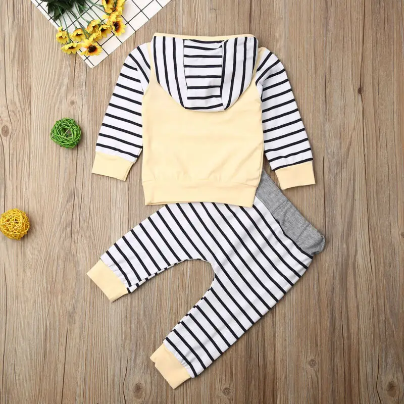 Toddler Kids Baby Boy Tracksuit Pullover Hooded Stripes Top Pants Casual Clothes Outfits Set |