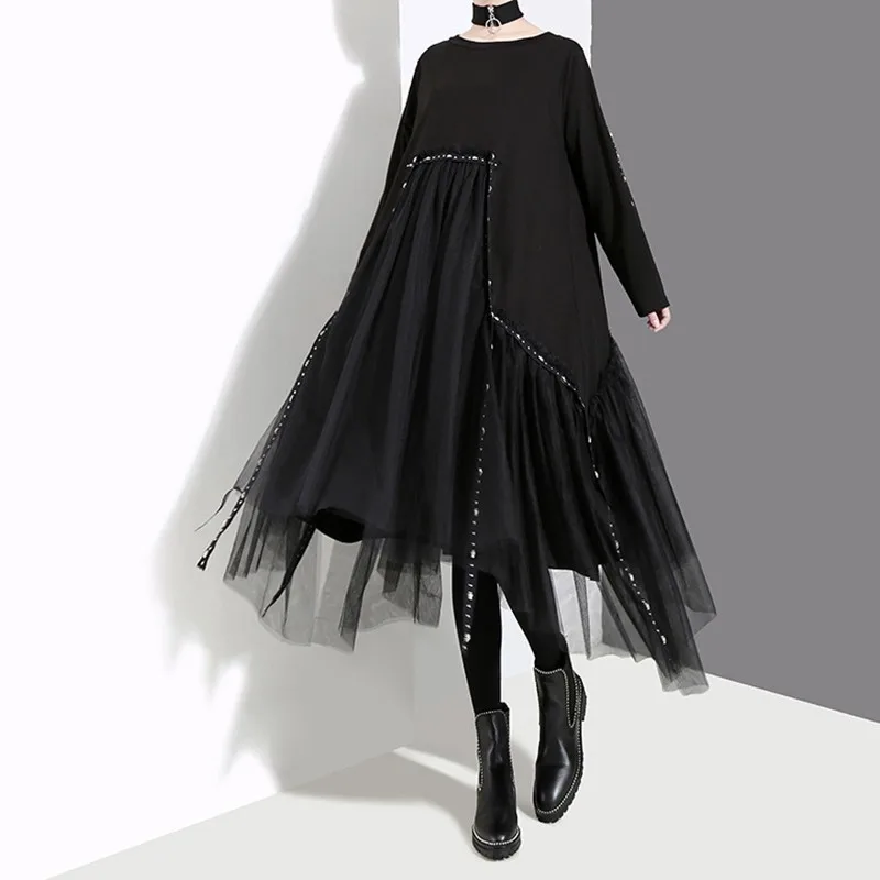 Асимметричное женское платье CHICEVER с длинным рукавом и круглым вырезом лоскутное