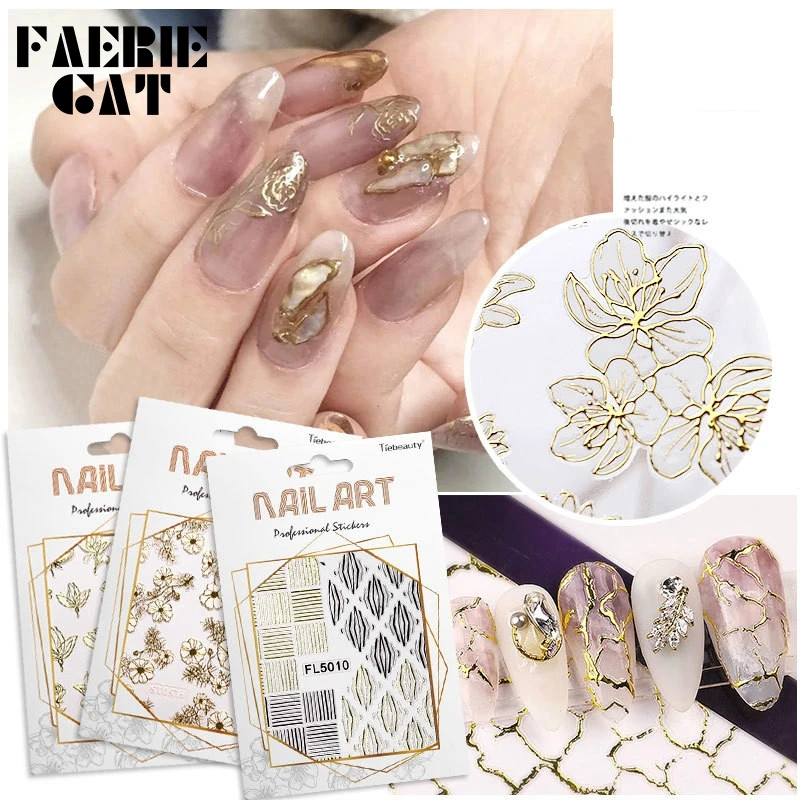 

1pc New Nail Art Stickers 3D Japanese Bronzing Flowers Line Mesh Metal Color Lace Gold Sticker Decal DIY Nail Tips Accessories