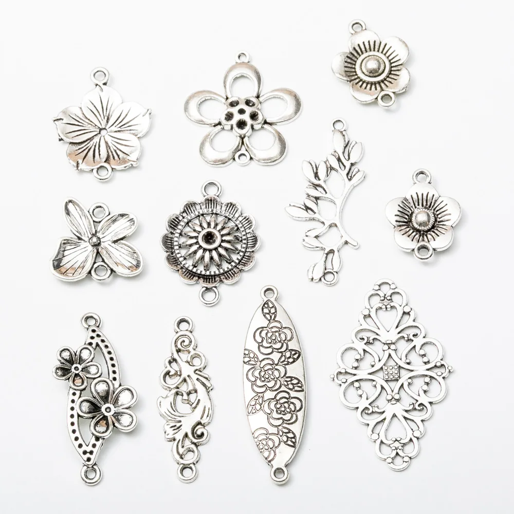 11pcs Antique Silver Mixed Flowers Metal Charms Connectors Bracelet Necklaces Accessories For Diy Jewelry Making Crafts Supplies