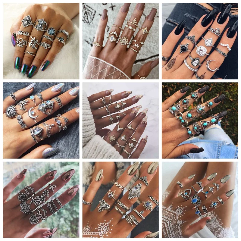 Creative New Rings Set For Women Teen Girls,Boho Vintage Finger Rings Stackable Gold Silver Midi Rings Set Multiple Rings Pack