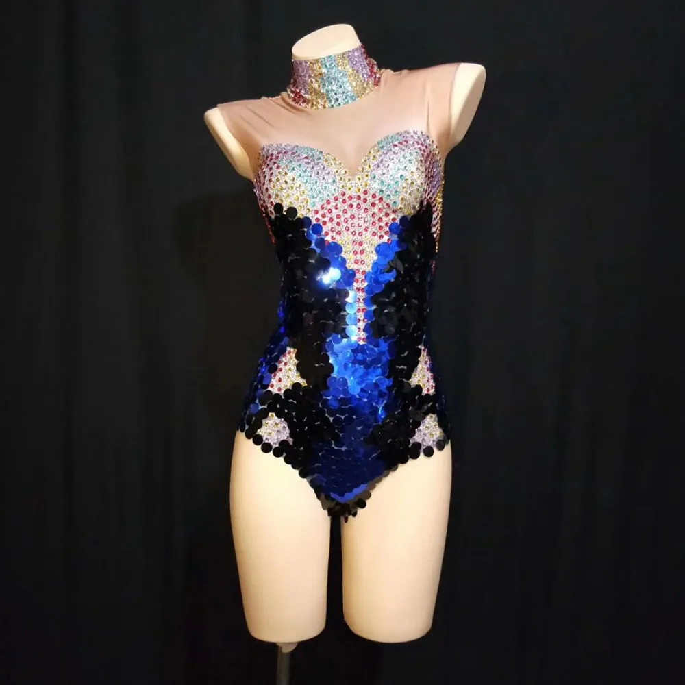 Sexy Rhinestone Sequins Bodysuits Mermaid Cosplay Costumes Women Club Elastic Jumpsuit DJ Showgirl DS Dance Outfits Performance