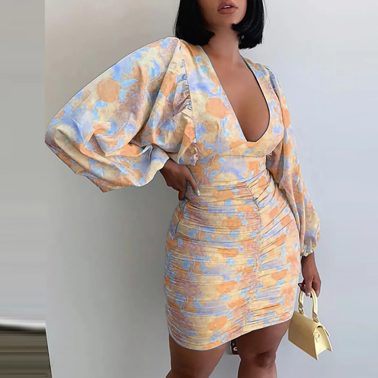

2021 Summer Bodycon Dress For Women V Neck Sexy Print Lantern Long-sleeved High-waisted Package Hip Wrap Dress
