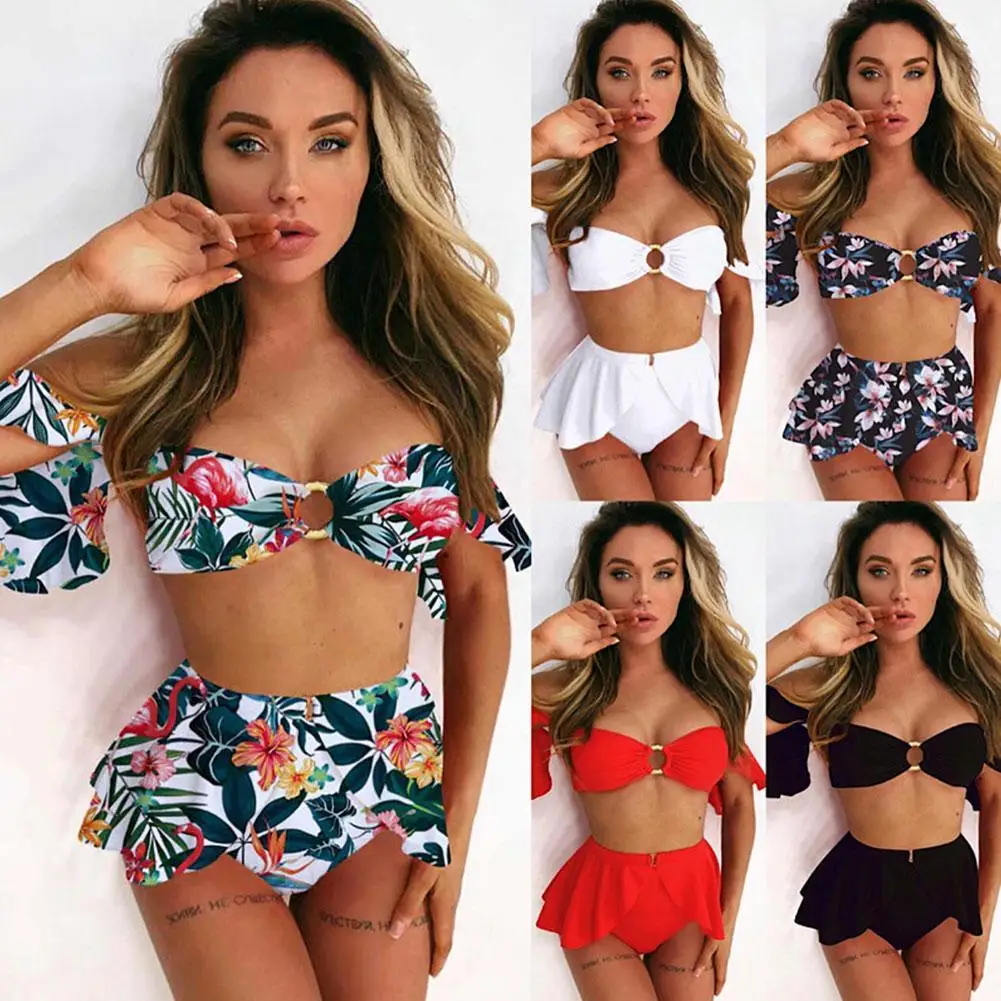 

Sexy High Waist Bikini Swimwear Women Print Swimsuit Ruffle Bandage Set Push Bathing Beachwear Up Summer Suit Bikinis Women D3Y7