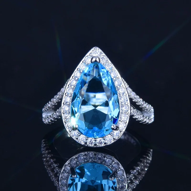 

S925 Silver AAA Blue Zircon Double Water Drop Pear Shape Aquamarine Ring Engagement Wedding Party Gift Jewelry Ring Wholesale