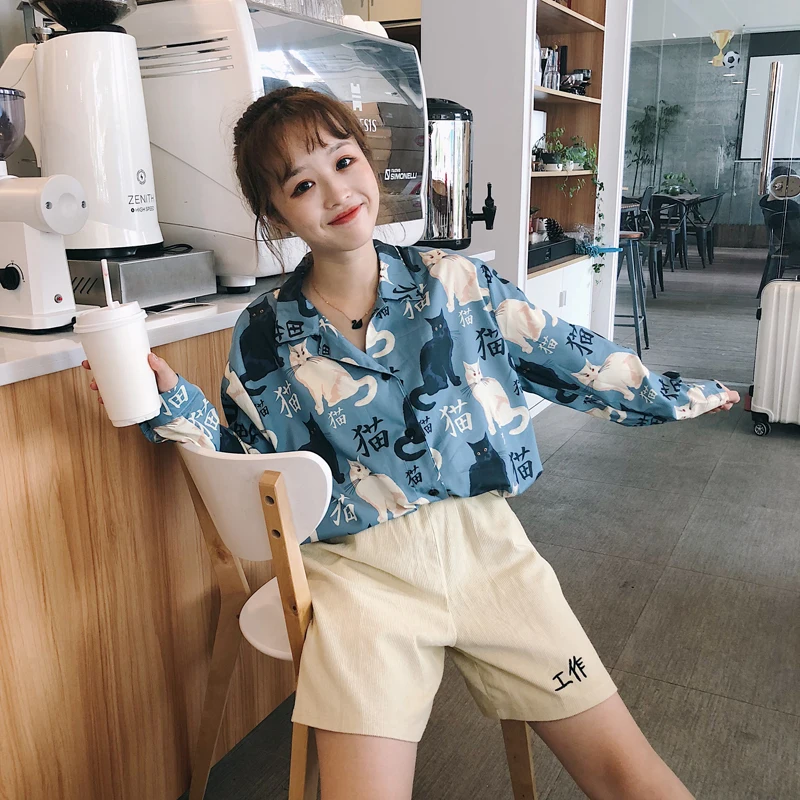 Женская рубашка с длинным рукавом и принтом кота Повседневная летняя Kawaii Ulzzang