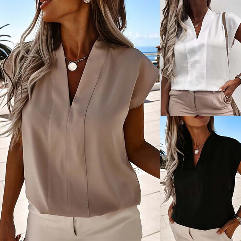 

All-Match Retro Women Summer Female Blouse Slim All-Match Office Lady Polyester V-Neck Sleeveless Tops Solid Color Elegant