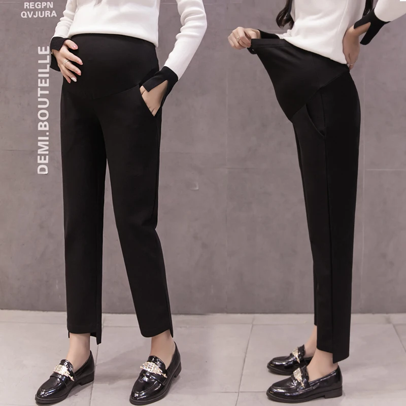 629 # осенние черные толстые OL брюки для беременных Регулируемые Прямые