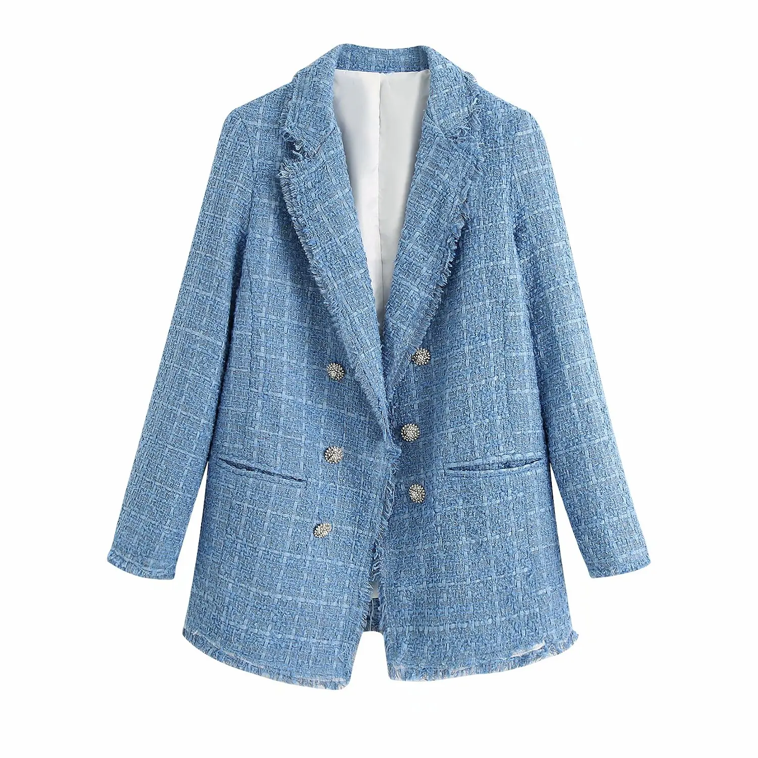

Small Fragrant Wind Woolen Tweed Retro Loose Blue Female Coat Lapel Long Sleeve Chic Women's Jacket