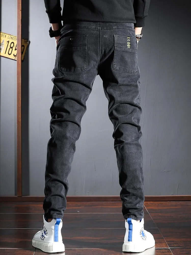 Elastic Waist Jeans Men Slim Fit Casual Pants Fashion Black Jean Mens Streetwear Denim Trousers