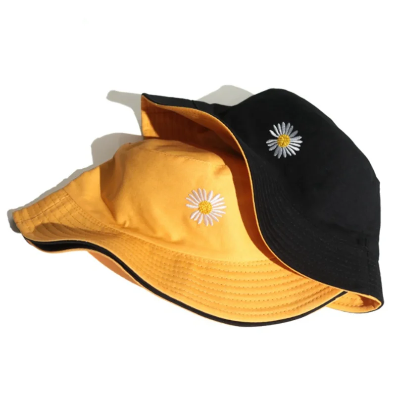 

Spring Female Bucket Fishing Hats Sunscreen Sun Cap Daisy Embroidery Double Sided Wear Summer Lady Women Hats And Caps