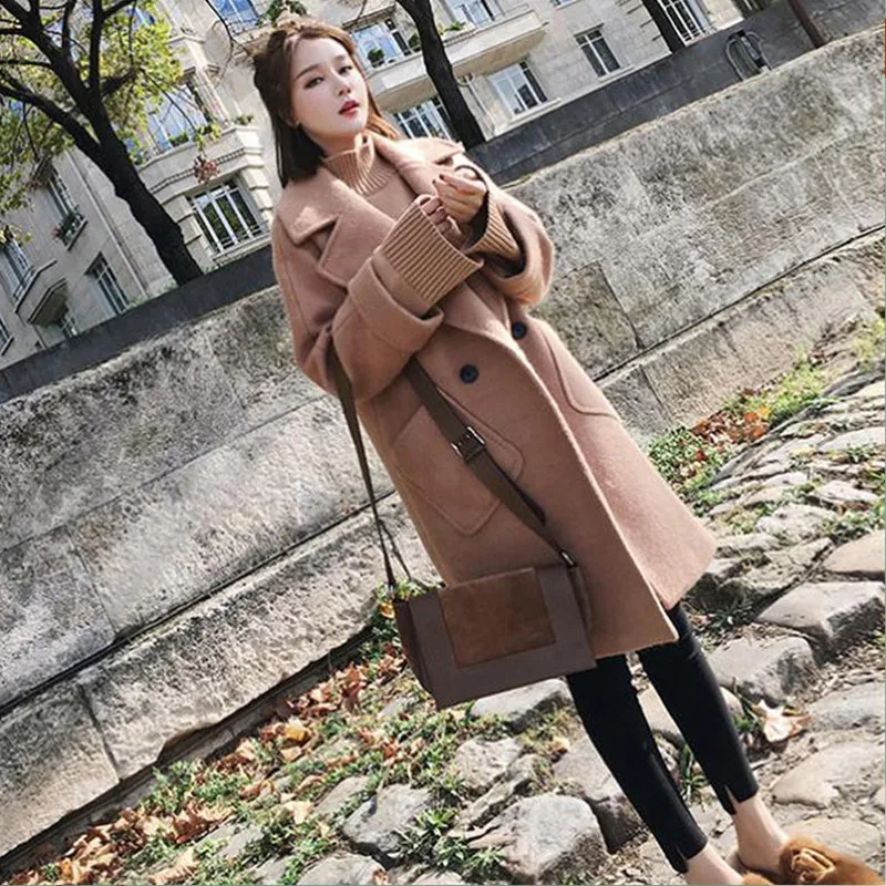 Женское зимнее пальто с длинным рукавом теплое одноцветное шерстяное женское