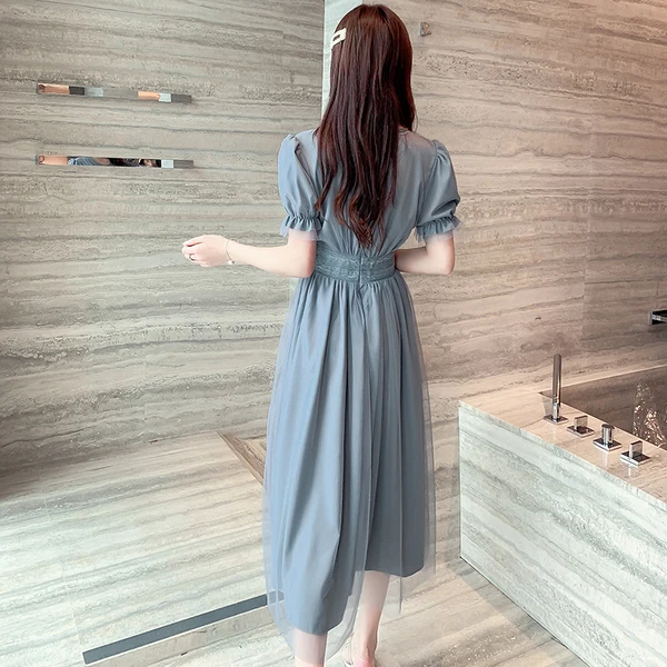 Fashion Sweet Mesh Single-breasted Dress 2020 Summer Women Lantern Sleeve V neck Luxury Slim Drapde Party Vestidos | Женская одежда