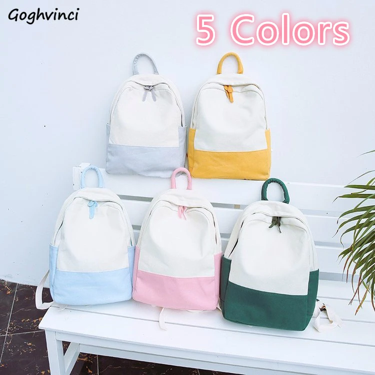 

Women Canvas Backpacks Waterproof Simple Students Patchwork Candy Colors Korean Style Book-bags Big Capacity Stylish Ulzzang New