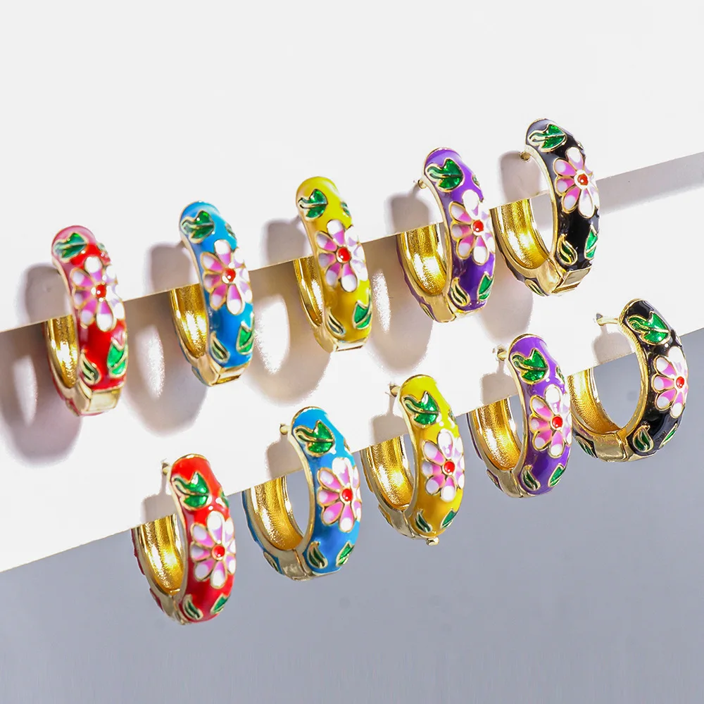 

Hoop Earrings for Women 2021, Girls Gold Earring, Ethnic Bohemian Jewelry, Clip Earring with Flower Paint