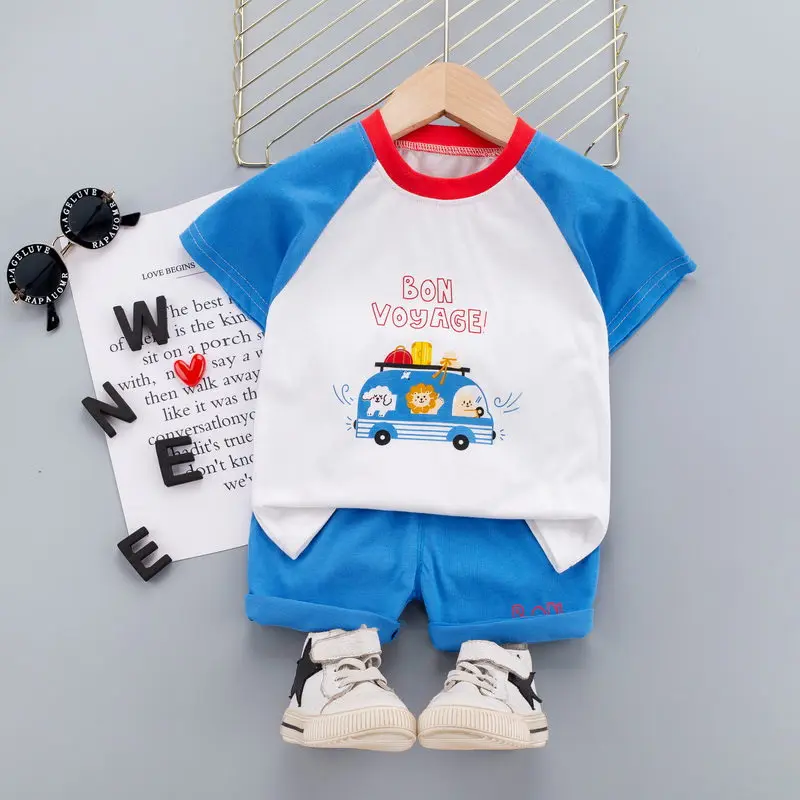 

2021 New Baby Summer Clothing Toddler Children Boy Cartoon 2Pcs O-neck Patchwork T-shirt Fashion Pure Infant Set Tracksuit Sets