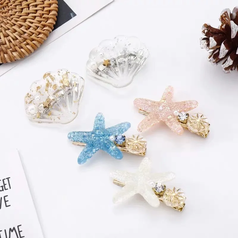 

Sweet Korea Acrylic Shell Starfish Hair Clips For Women Girls Fashion Crystal Pearl Hairpin Hair Beach Barrette Accessories