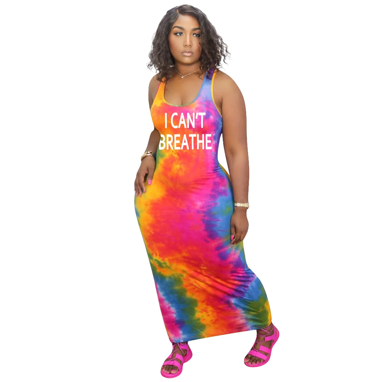 

2020 Summer Dress European and American Women 's Color Mapping Letters Gradient Printing Strap Dress