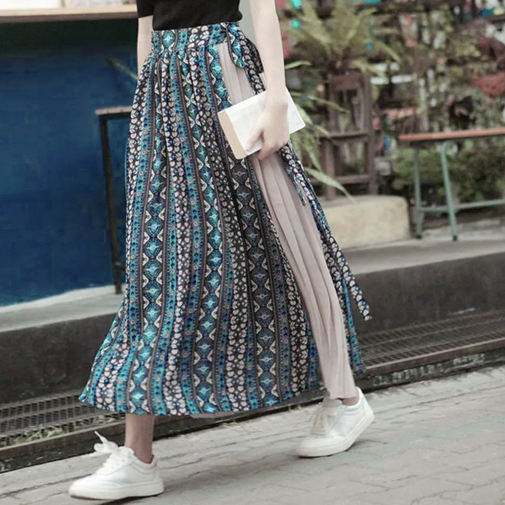 

Long Floral pleated Skirts Womens Holiday Beach Boho Chiffon Print Patchwork Bandage Skirt Elegant Ladies strappy Skirt #0311