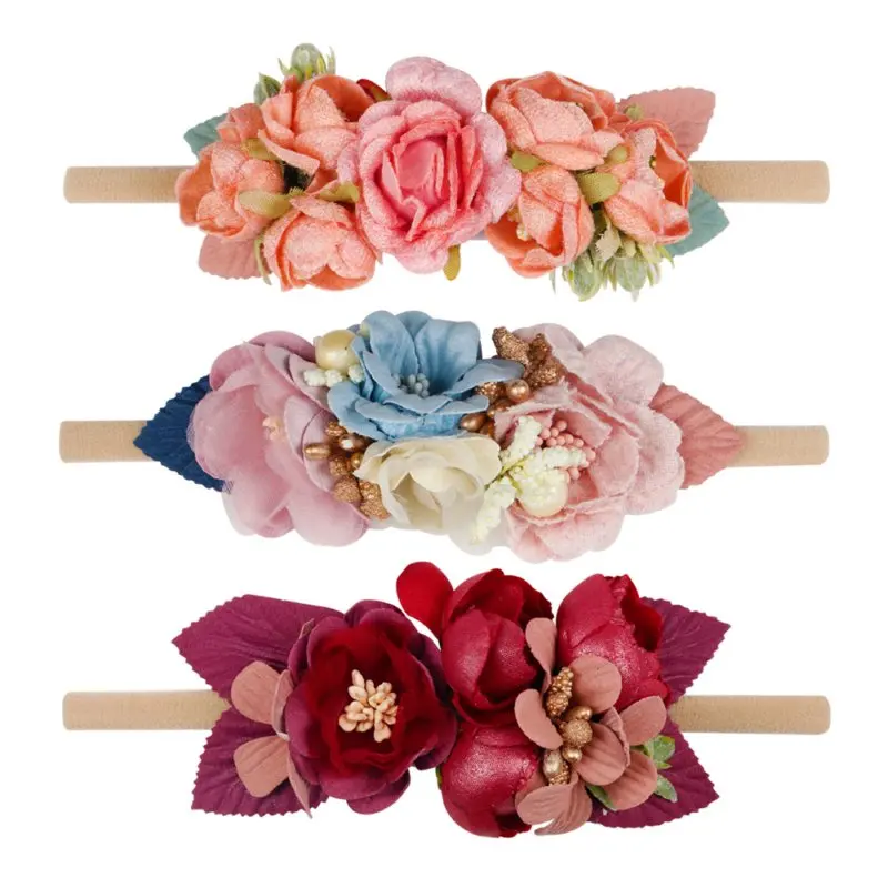 IBOWS Hair Accessories Lovely Baby Headband Fake Flower Nylon Hair Bands For Kids Artificial Floral Elastic Head Bands Headwear