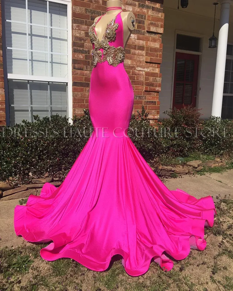 

African Black Girl Long Prom Dress 2021 Sexy Deep V-neck Backless Beaded Handwork Real Picture Fuchsia Mermaid Prom Dresses