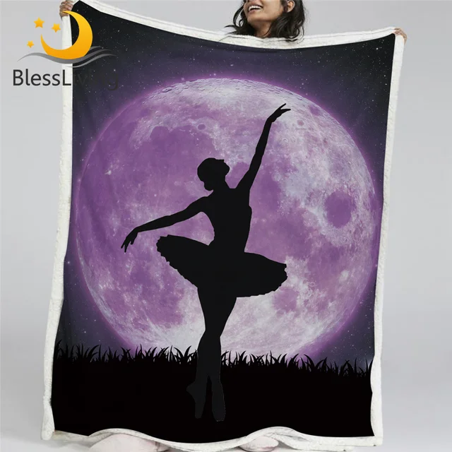 BlessLiving Ballet Bed Blankets Giant Purple Moon Throw Blanket Dancing Girl Plush Bedspread Galaxy Night Sky Elegant Bedding 1